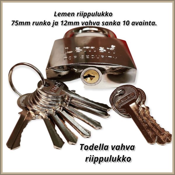 Lemen75mm-riippulukko-10avainta-mitoilla-keh Lemen 75mm Finbullet riippulukko